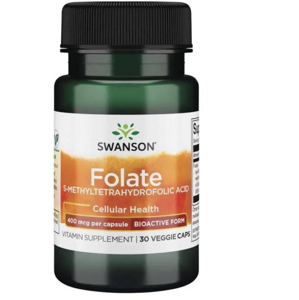 Swanson Folate (5-methyltetrahydrofolát), kyselina listová,  30 rostlinných kapslí Doplněk stravy