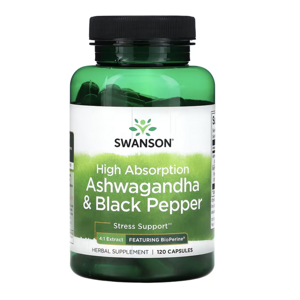 Swanson High Absorption Ashwagandha & Black Pepper, ashwagandha a černý pepř, 120 kapslí Doplněk stravy