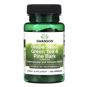 Swanson Grape Seed, Green Tea & Pine Bark Complex,  polyfenoly z hroznových semen, zeleného čaje a kůry borovice, 60 kapslí Doplněk stravy