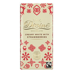 Divine Chocolate Bílá čokoláda s jahodami a vanilkou 25%, 90g