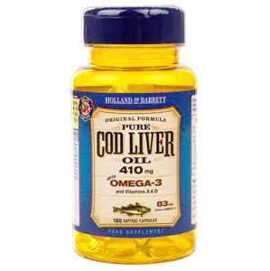 Holland & Barrett Cod liver oil (olej z tresčích jater), 410 mg, 100 kapslí