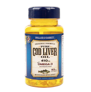 Holland & Barrett Cod liver oil (olej z tresčích jater), 410 mg, 60 kapslí