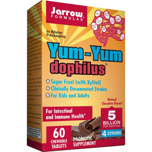 Jarrow Formulas Jarrow Yum-Yum Dophilus (probiotika pro děti), 1 miliarda organismů, 4 probiotické kmeny, Čokoláda, 60 žvýkacích pastilek