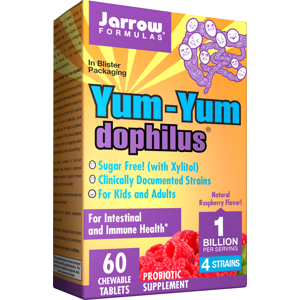 Jarrow Formulas Jarrow Yum-Yum Dophilus (probiotika pro děti), 1 milarda organismů, 4 probiotické kmeny, Malina, 120 žvýkacích pastilek