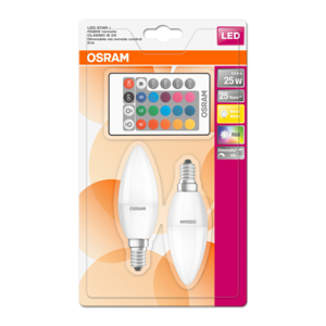 Žárovka OSRAM LED STAR+ 2 ks, závit E14, 4,5 W, stmívatelná, barevná (250 lm, RGB), tvar svíce