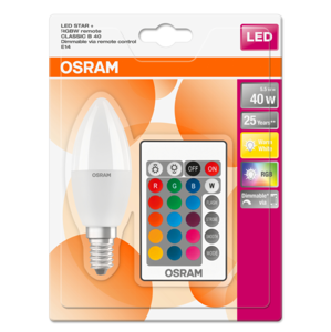 Žárovka OSRAM LED STAR+, závit E14, 5,5 W, stmívatelná, barevná (470 lm, RGB), tvar svíce