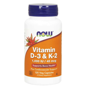 Now® Foods NOW Vitamin D3 & K2, 1000 IU / 45 ug, 120 rostlinných kapslí