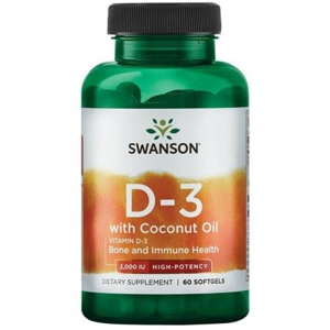 Swanson Vitamin D3 with Coconut oil (s kokosovým olejem), 2000 IU, 60 softgelových kapslí